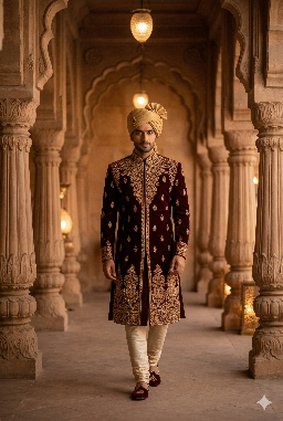 maroon velvet sherwani groom wedding outfit