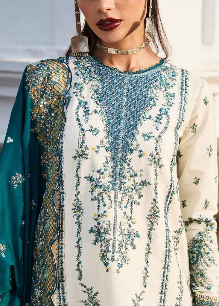Teal & Ivory Embroidered Lawn Designer Dress with Chiffon Dupatta 2.webp