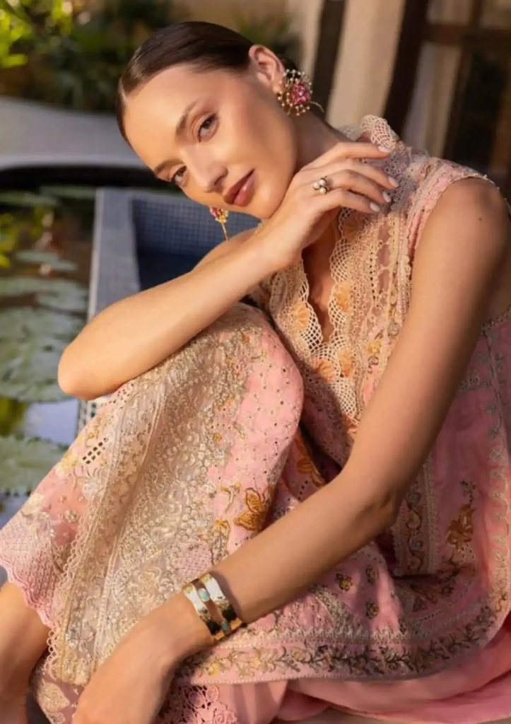 Elegant Blush Pink Embroidered Salwar Kameez in Tropical Luxury Setting 3.webp