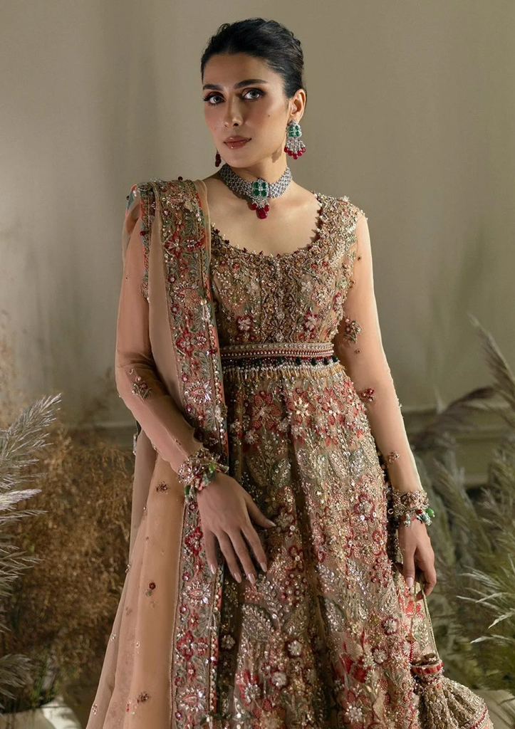 Champagne Gold Floral Embroidered Bridal Gown with Flared Skirt & Dupatta 2.webp