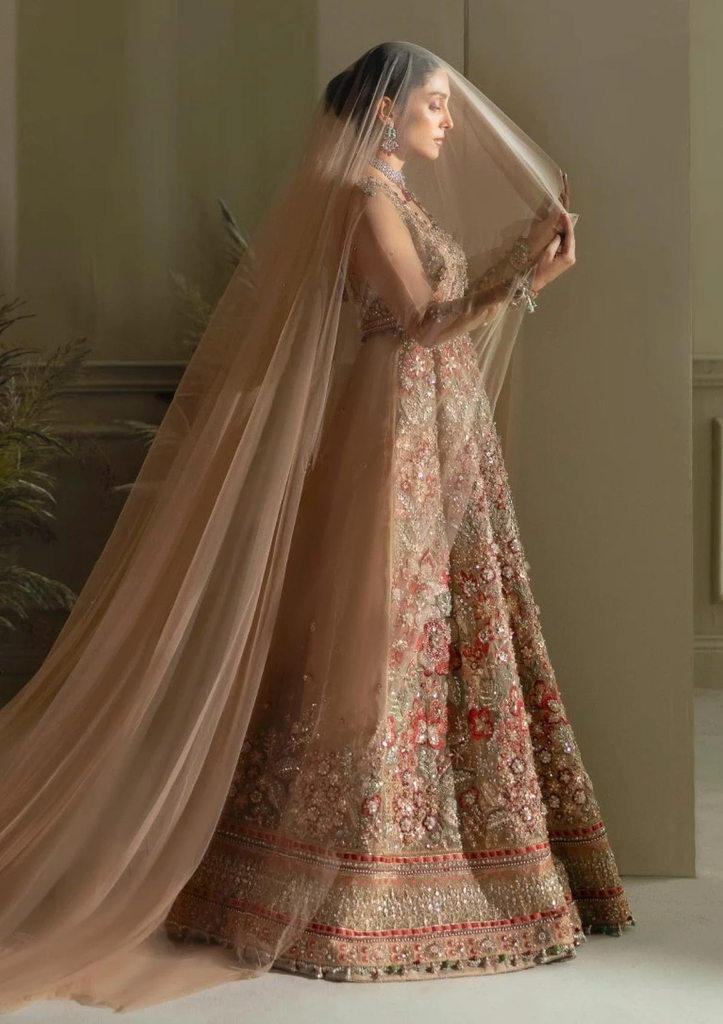 Champagne Gold Floral Embroidered Bridal Gown with Flared Skirt & Dupatta 3.webp