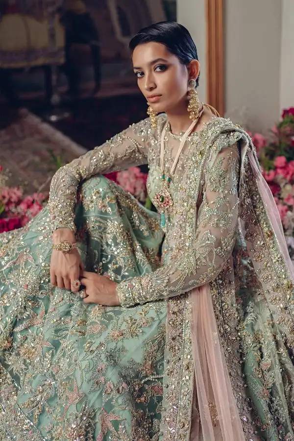 Mint Green Embroidered Bridal Gown with Dupatta – Luxury Flared Wedding Dress 3.webp