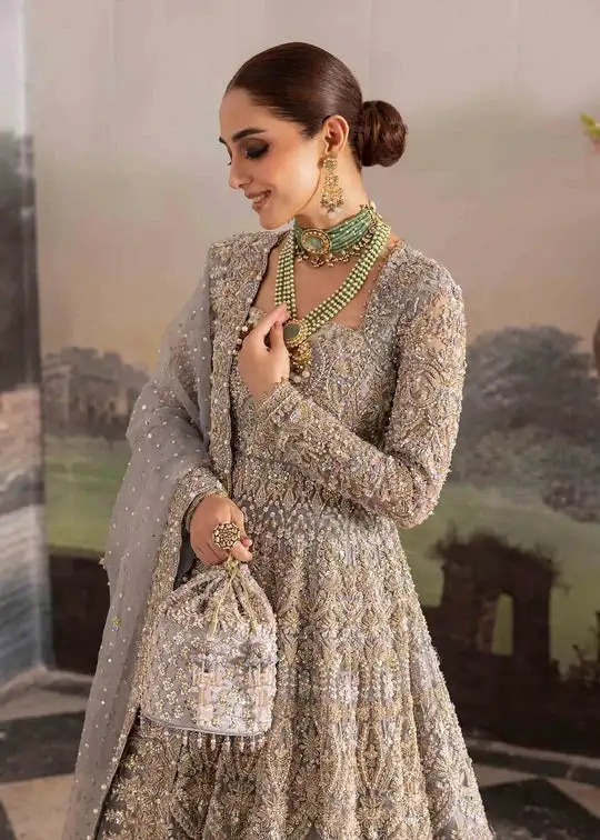 Silver Grey Embroidered Bridal Gown with Flared Skirt & Dupatta – Luxury Designer Wedding Dress 2.webp