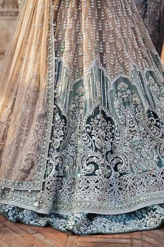 Beige & Emerald Green Embroidered Bridal Gown with Flared Skirt and Dupatta – Luxury Designer Wedding Dress 4.webp