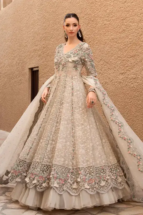 Champagne Beige Floral Embroidered Bridal Gown with Flared Skirt & Dupatta – Luxury Designer Wedding Dress 2.webp