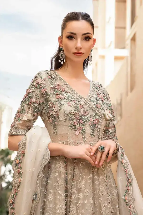 Champagne Beige Floral Embroidered Bridal Gown with Flared Skirt & Dupatta – Luxury Designer Wedding Dress 3.webp