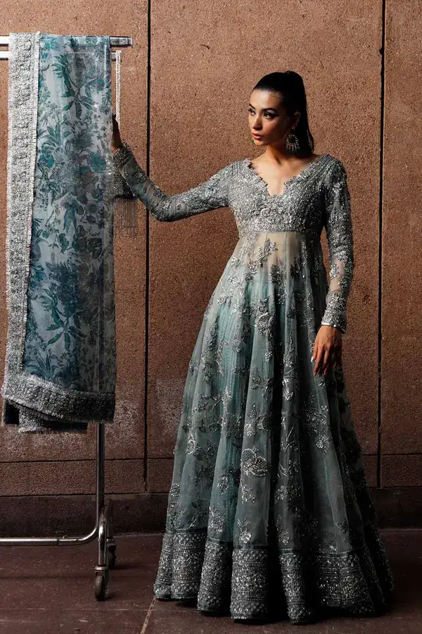 Teal Green & Silver Embroidered Bridal Gown with Flared Skirt and Dupatta – Luxury Designer Wedding Dress 2.webp