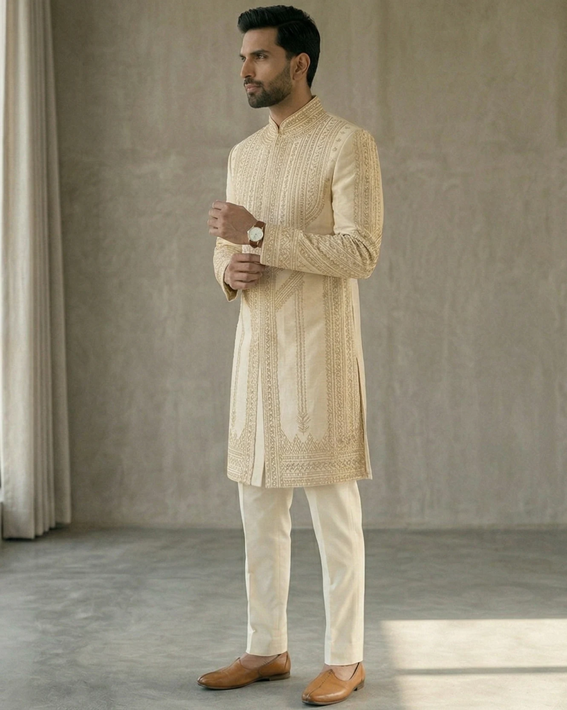 Ivory Gold Zardozi Hand-Embroidered Silk Sherwani for Groom – Wedding Baraat Sherwani Set with Trousers 2.webp