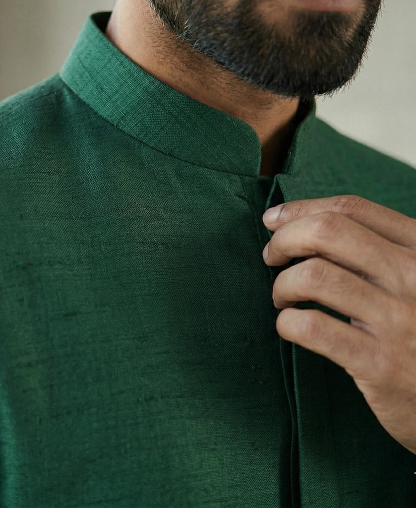 Emerald Green Raw Silk Sherwani for Men – Minimalist Asymmetric Indo Western Groom Wedding Sherwani Set 3.webp