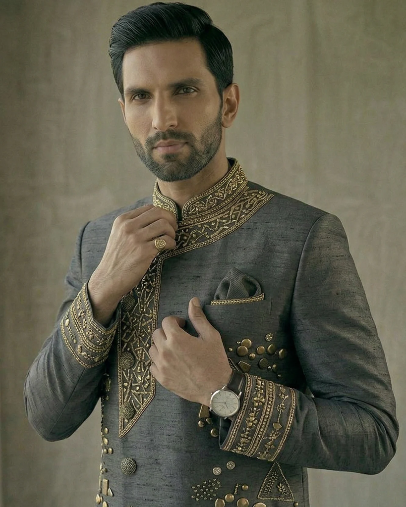 Charcoal Grey Raw Silk Indo Western Sherwani with Gold Hand Embroidery – Designer Reception Sherwani for Groom 3.webp