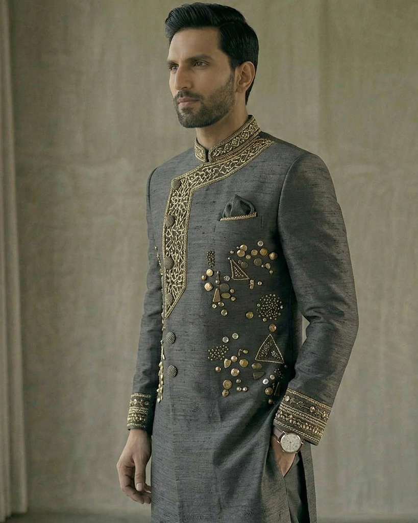 Charcoal Grey Raw Silk Indo Western Sherwani with Gold Hand Embroidery – Designer Reception Sherwani for Groom 2.webp