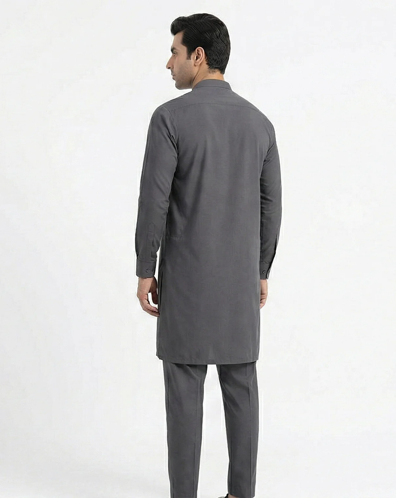 Charcoal Grey Shalwar Kameez | Charcoal Grey 100% Cotton Shalwar Kameez for Men – Full Button Mandarin Collar 2.webp
