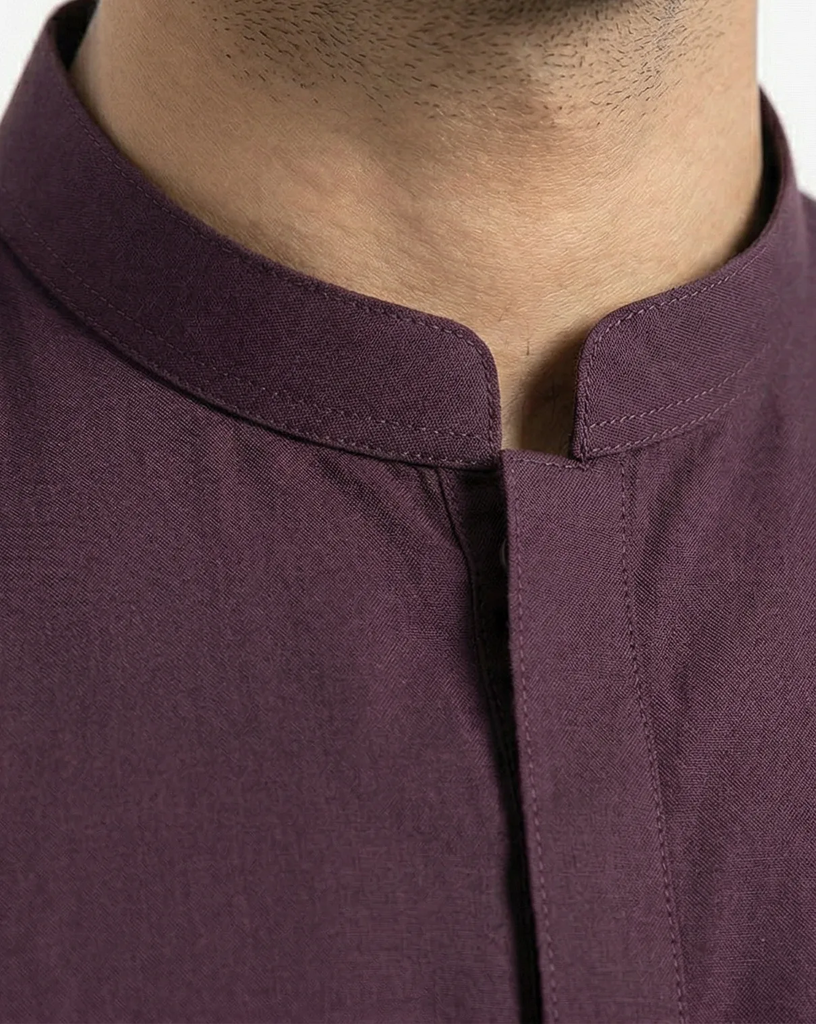 Deep Plum Shalwar Kameez | Deep Plum 100% Cotton Shalwar Kameez for Men – Band Collar with Stud Detail 3.webp