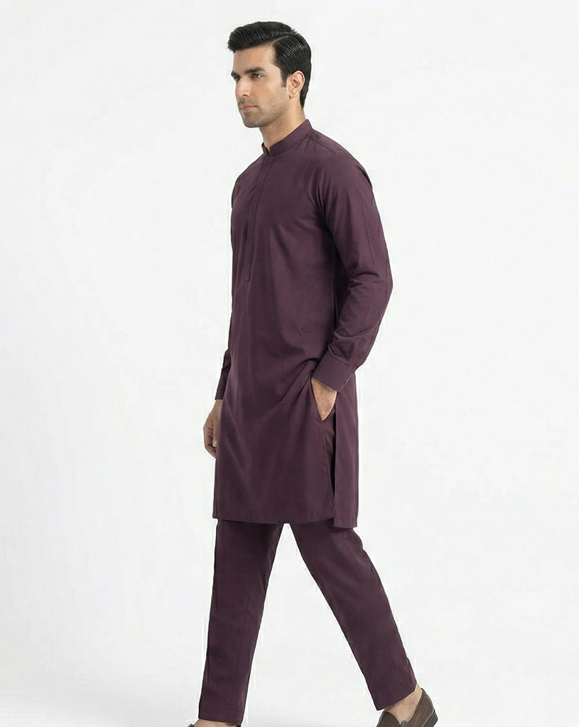 Deep Plum Shalwar Kameez | Deep Plum 100% Cotton Shalwar Kameez for Men – Band Collar with Stud Detail 2.webp