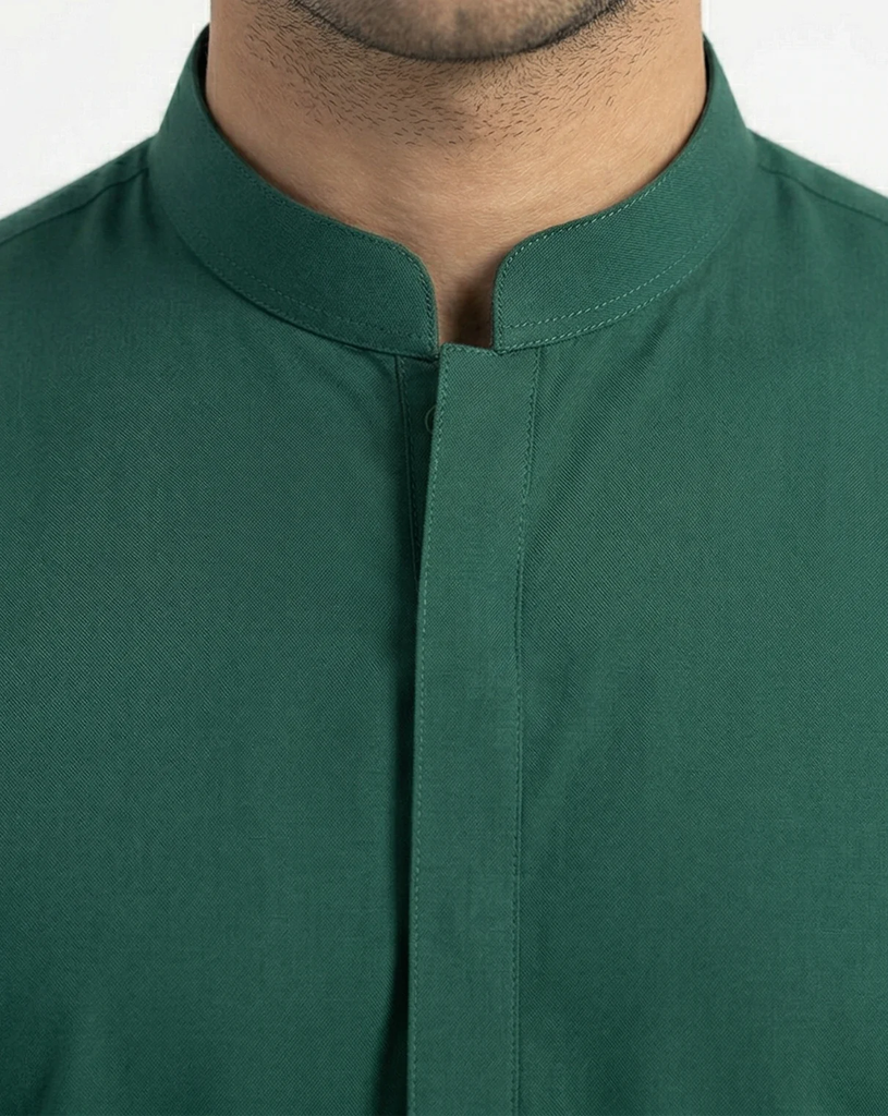Emerald Green Shalwar Kameez | Emerald Green 100% Cotton Shalwar Kameez for Men – Band Collar Traditional 3.webp