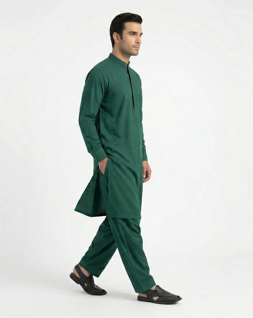 Emerald Green Shalwar Kameez | Emerald Green 100% Cotton Shalwar Kameez for Men – Band Collar Traditional 2.webp