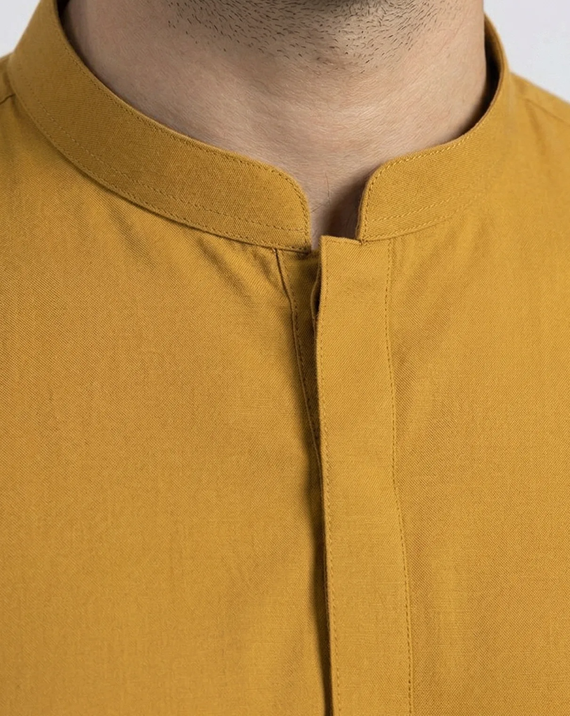 Mustard Gold Shalwar Kameez | Mustard Gold 100% Cotton Shalwar Kameez for Men – Band Collar Traditional 3.webp