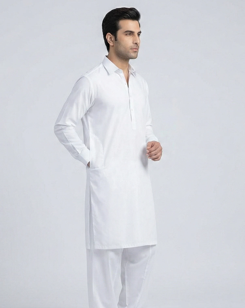 White Shalwar Kameez | Classic White 100% Cotton Shalwar Kameez for Men – Spread Collar Formal 2.webp