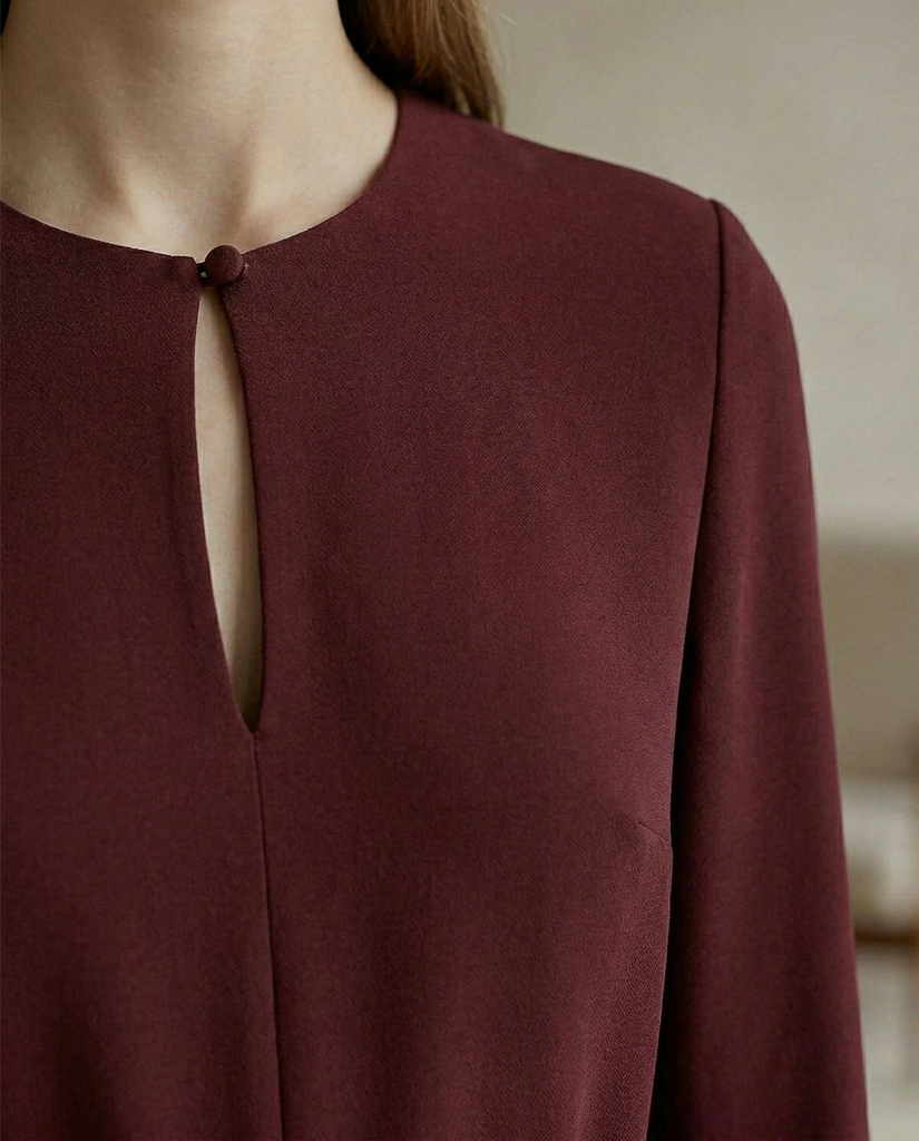 Burgundy Keyhole Jumpsuit | Burgundy Keyhole Neckline Jumpsuit for Women – Long Sleeve Belted Formal One-Piece 3.webp
