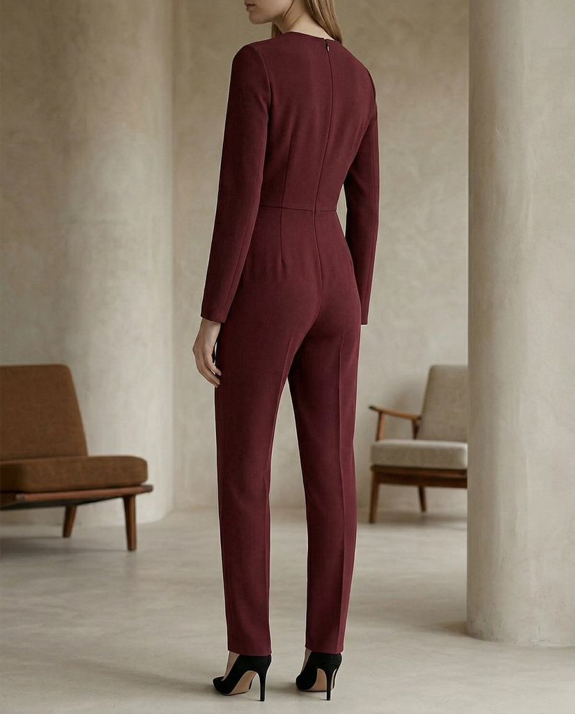 Burgundy Keyhole Jumpsuit | Burgundy Keyhole Neckline Jumpsuit for Women – Long Sleeve Belted Formal One-Piece 2.webp
