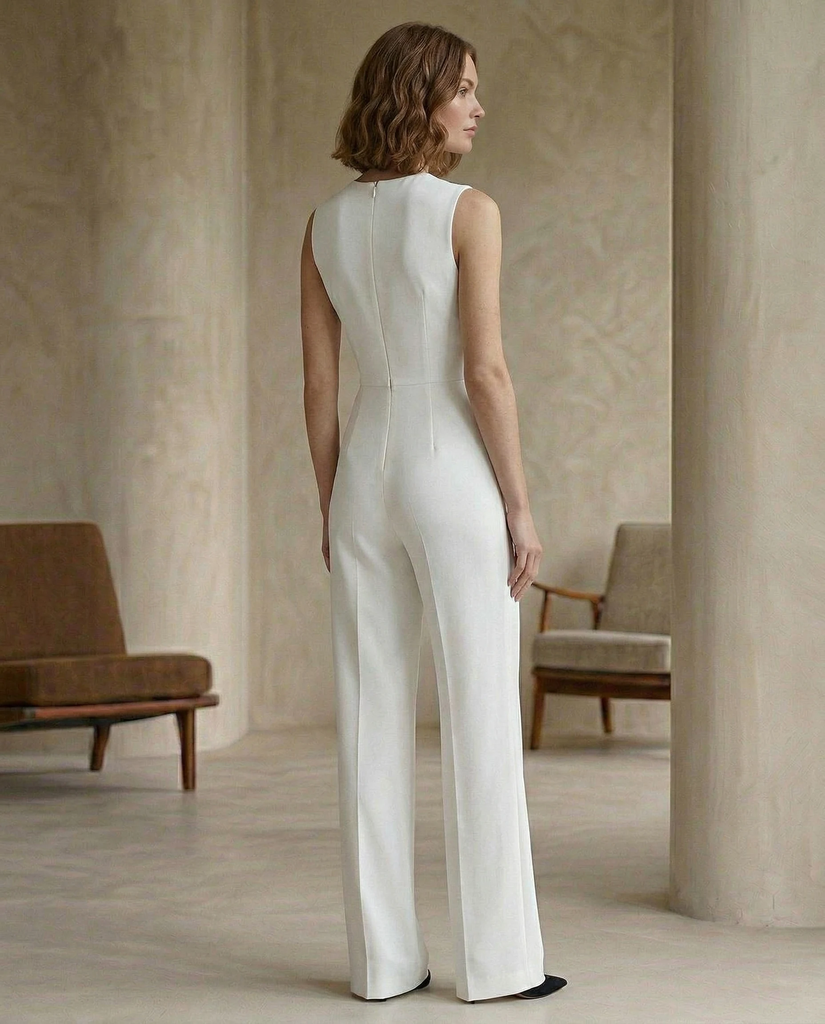 White Sleeveless Jumpsuit | White Sleeveless Wide-Leg Jumpsuit for Women – Crew Neck Tailored Formal One-Piece 2.webp