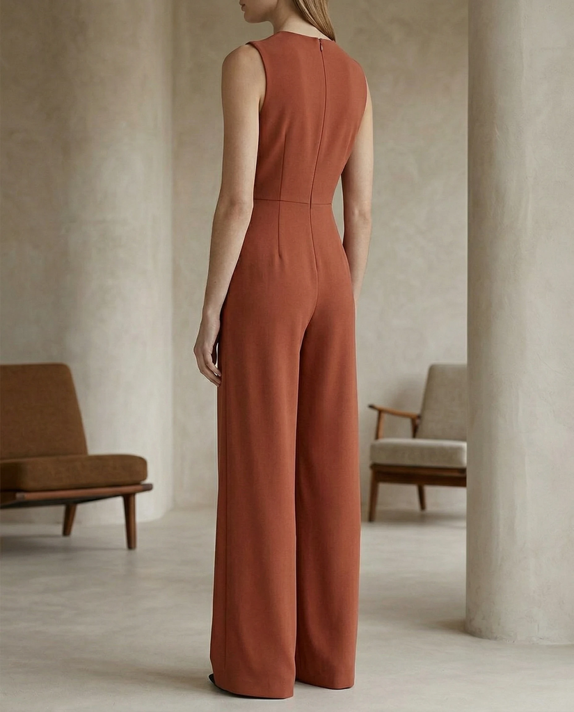 Terracotta Origami Detail Jumpsuit | Terracotta Sleeveless Origami Detail Jumpsuit for Women – Structured Wide-Leg Statement One-Piece 2.webp