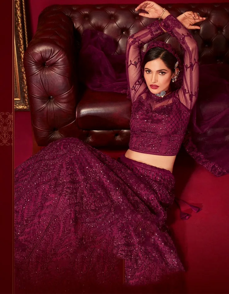 Wine Burgundy Embroidered Net Lehenga Choli with Sheer Yoke 2.webp