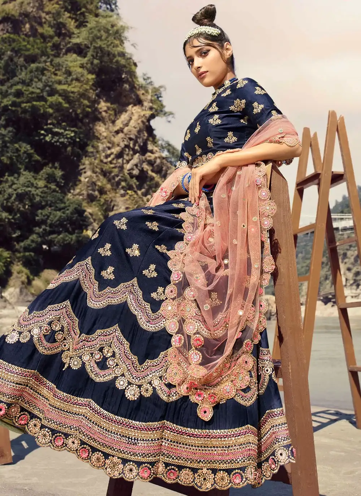 Navy Blue Silk Lehenga with Multicolor Resham Embroidery and Peach Dupatta 2.webp