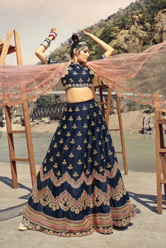 Navy Blue Silk Lehenga with Multicolor Resham Embroidery and Peach Dupatta 3.webp