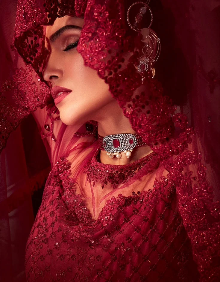 Crimson Red Net Bridal Lehenga with 3D Floral Embroidery 4.webp