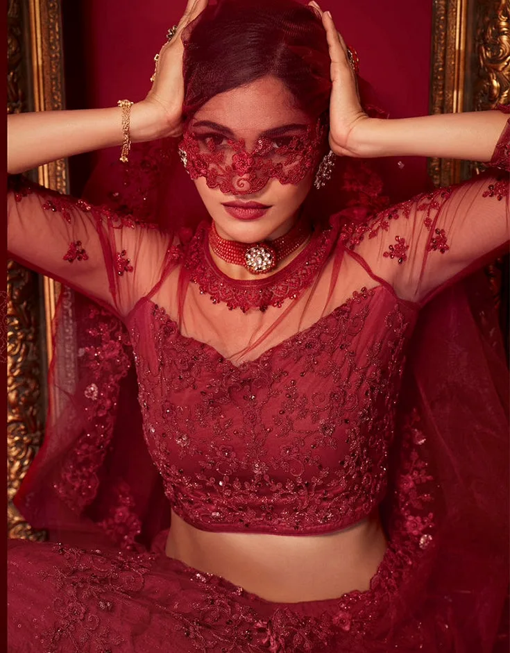 Crimson Red Net Bridal Lehenga with 3D Floral Embroidery 3.webp