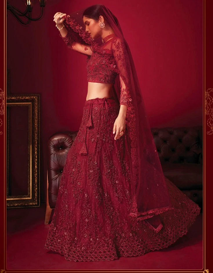 Crimson Red Net Bridal Lehenga with 3D Floral Embroidery 2.webp
