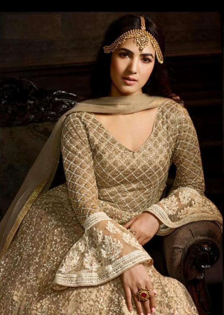 Champagne Gold Anarkali Lehenga Gown with Heavy Zari Embroidery 2.webp