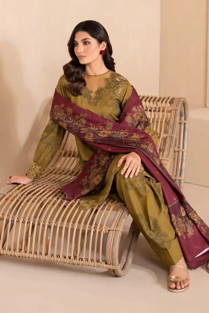 Olive Green Floral Printed Lawn Suit with Contrast Dupatta (4).webp