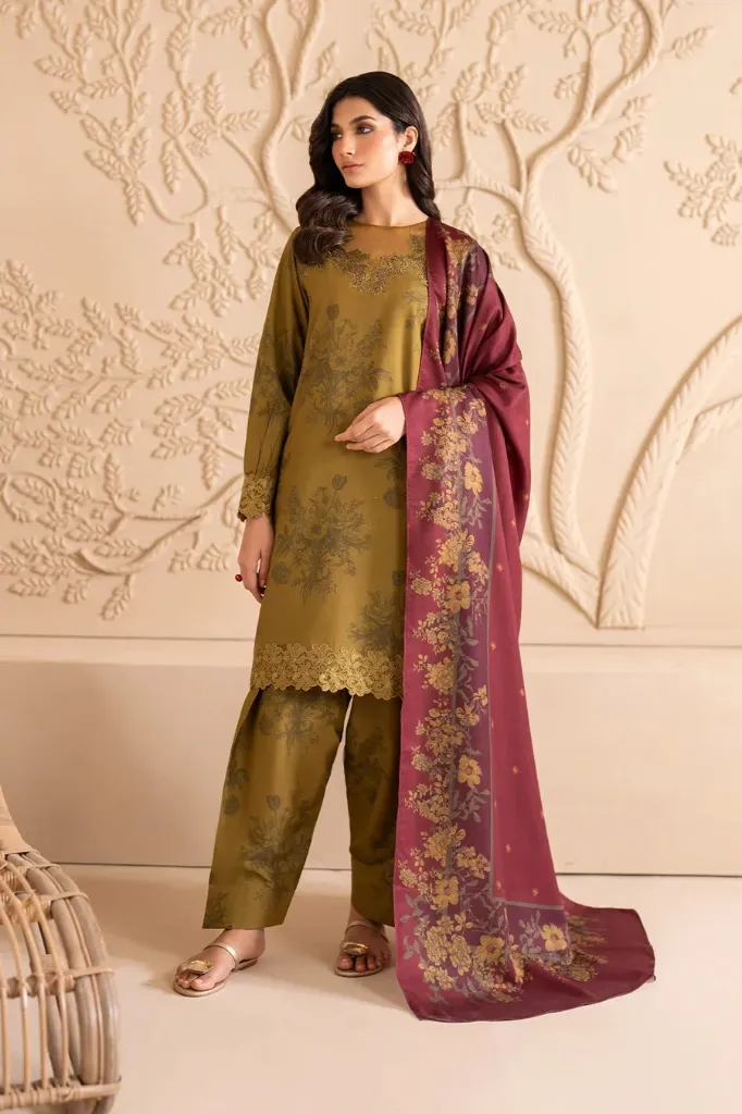 Olive Green Floral Printed Lawn Suit with Contrast Dupatta (5).webp