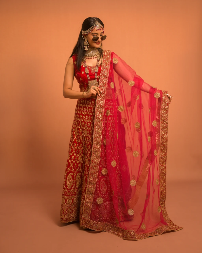 Red Velvet Lehenga with Heavy Embroidery & Net Dupatta – Party Wear (S)
