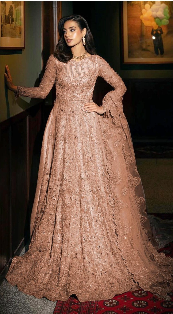 Dusty Rose Embroidered Bridal Gown with Flared Skirt & Dupatta – Luxury Designer Wedding Dress