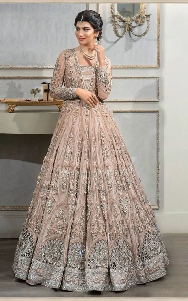 Blush Champagne Embroidered Bridal Gown with Flared Skirt – Luxury Designer Wedding Dress (S)