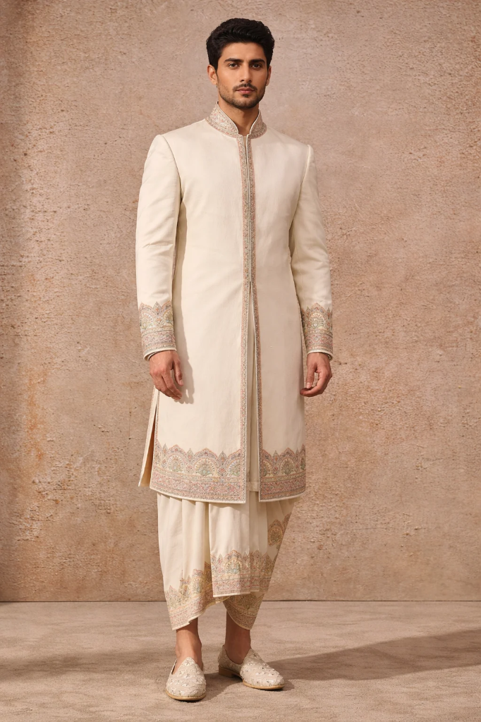 Ivory Embroidered Sherwani with Pastel Thread Work & Dhoti Pants – Designer Wedding Outfit for Men (S)