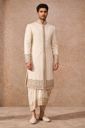 Ivory Embroidered Sherwani with Pastel Thread Work & Dhoti Pants – Designer Wedding Outfit for Men