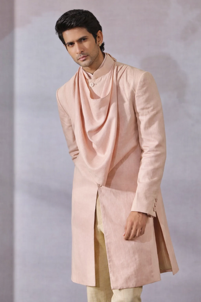 Peach Pink Draped Cowl Sherwani for Men – Indo Western Groom Wedding Outfit (S)