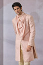 Peach Pink Draped Cowl Sherwani for Men – Indo Western Groom Wedding Outfit