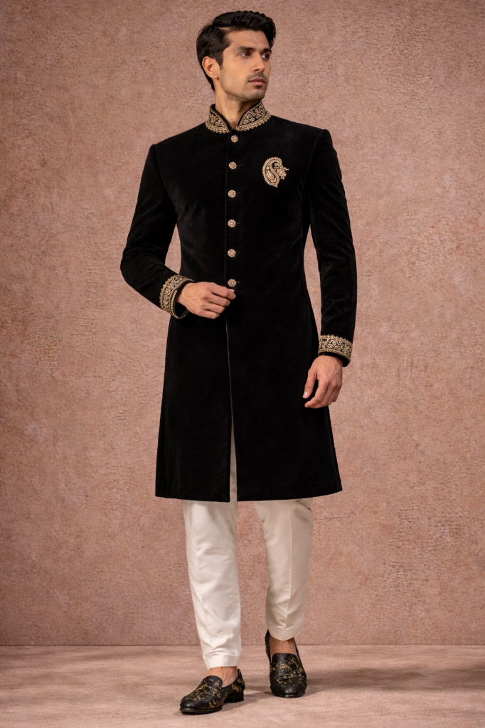 Black Velvet Sherwani with Gold Embroidery & Paisley Motif – Designer Groom Wedding Outfit (S)