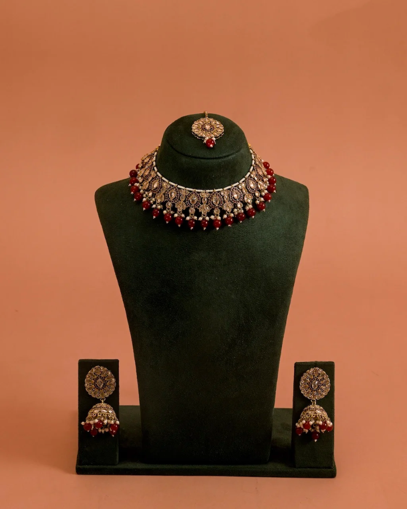 Elegant Polki Kundan Choker Set with Maroon Bead Drops