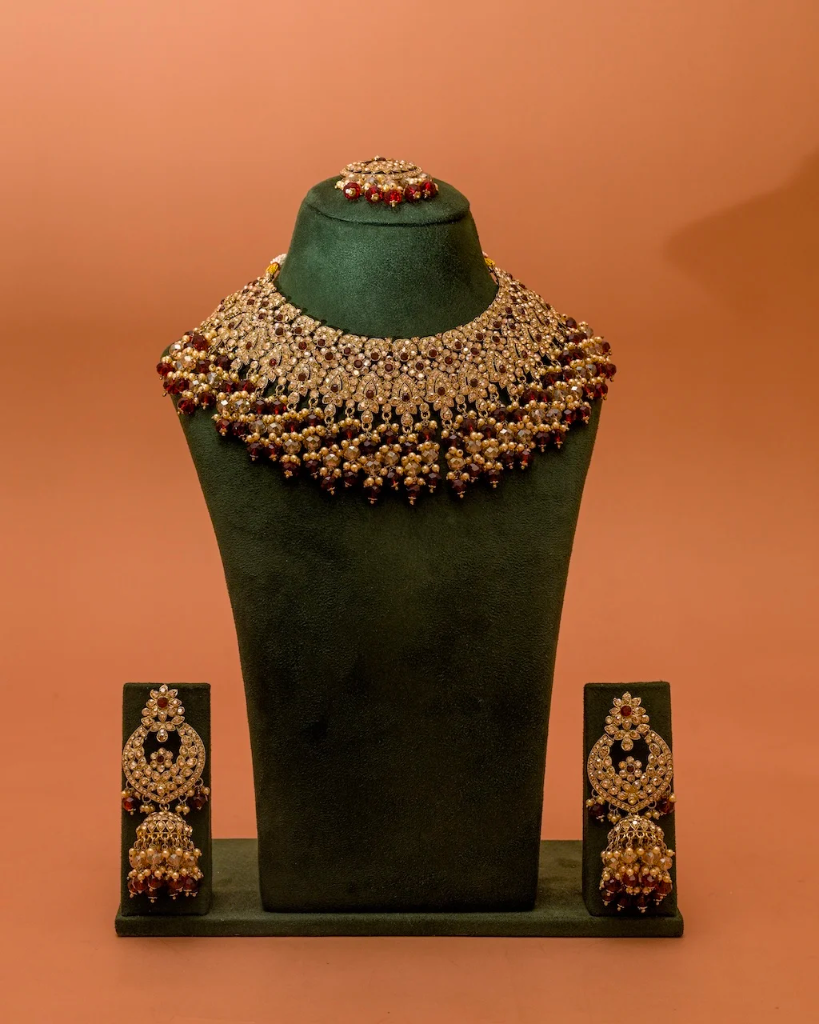 Exquisite Polki & Deep Maroon Pearl Fringe Choker Set