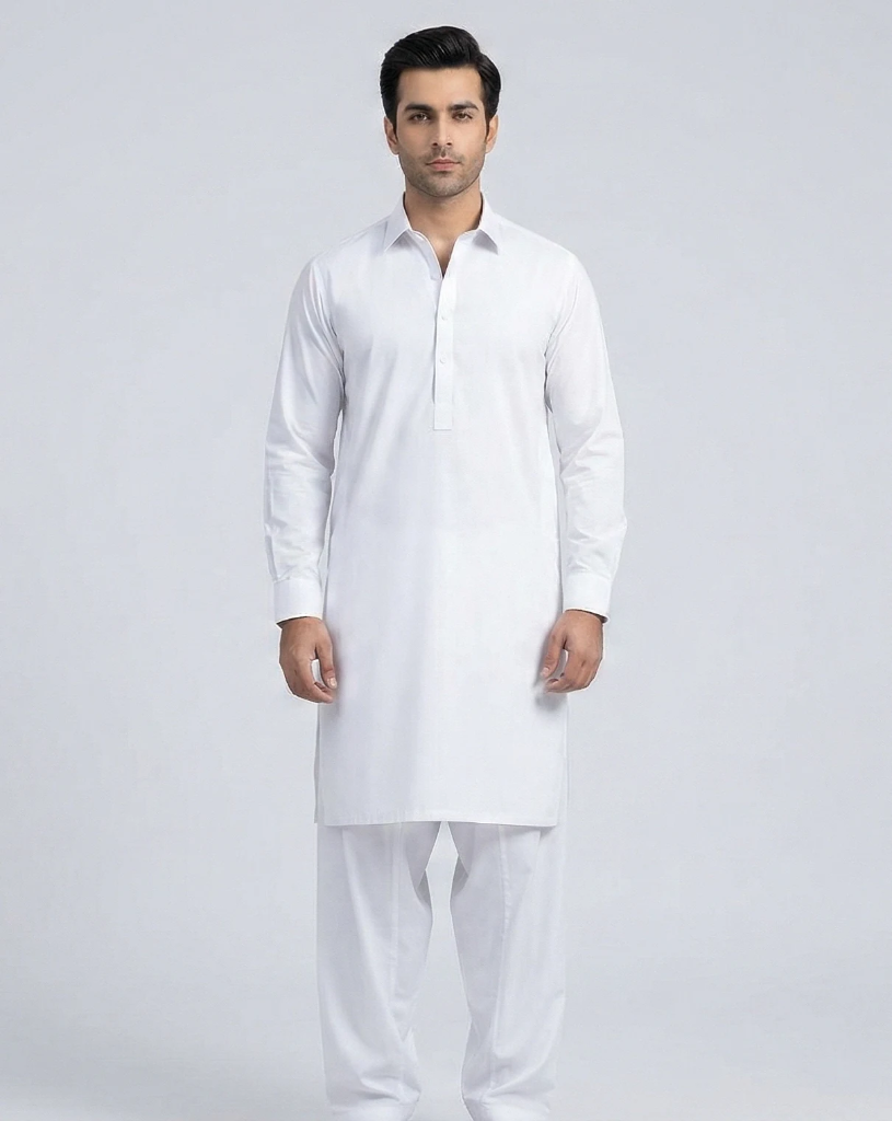 White Shalwar Kameez | Classic White 100% Cotton Shalwar Kameez for Men – Spread Collar Formal (S)