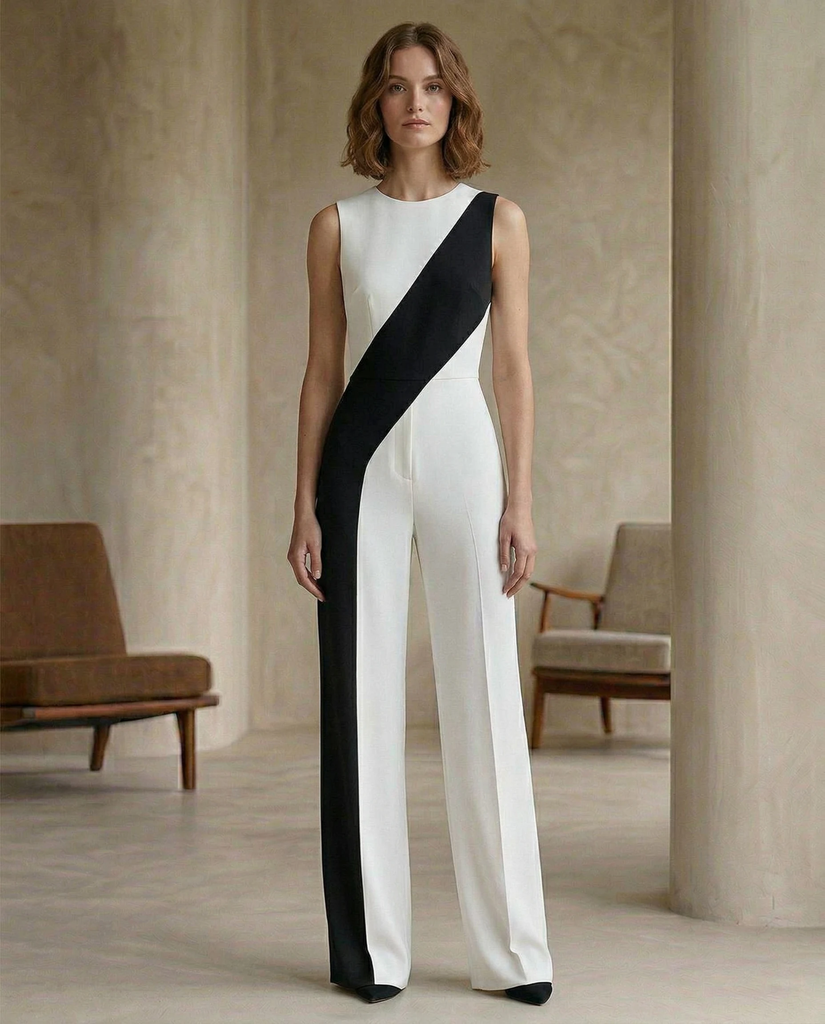 Black & White Color-Block Jumpsuit | Black & White Diagonal Color-Block Jumpsuit for Women – Sleeveless Wide-Leg Modern One-Piece (XS)
