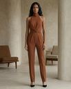 Terracotta Halterneck Jumpsuit | Terracotta Twist-Front Halterneck Jumpsuit for Women – Wide-Leg Dressy Evening One-Piece