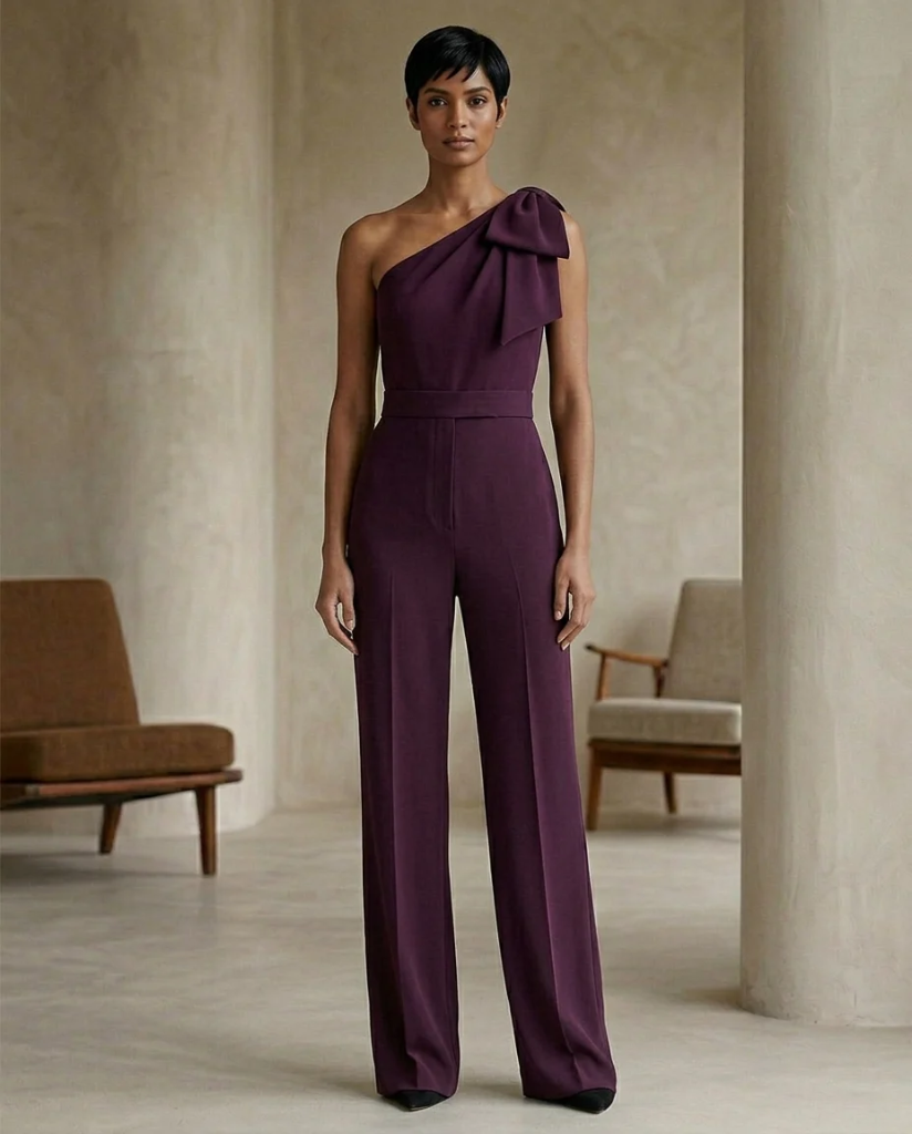 Deep Plum One-Shoulder Jumpsuit | Deep Plum One-Shoulder Bow Detail Jumpsuit for Women – Wide-Leg Statement Evening One-Piece (XS)