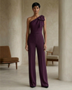 Deep Plum One-Shoulder Jumpsuit | Deep Plum One-Shoulder Bow Detail Jumpsuit for Women – Wide-Leg Statement Evening One-Piece